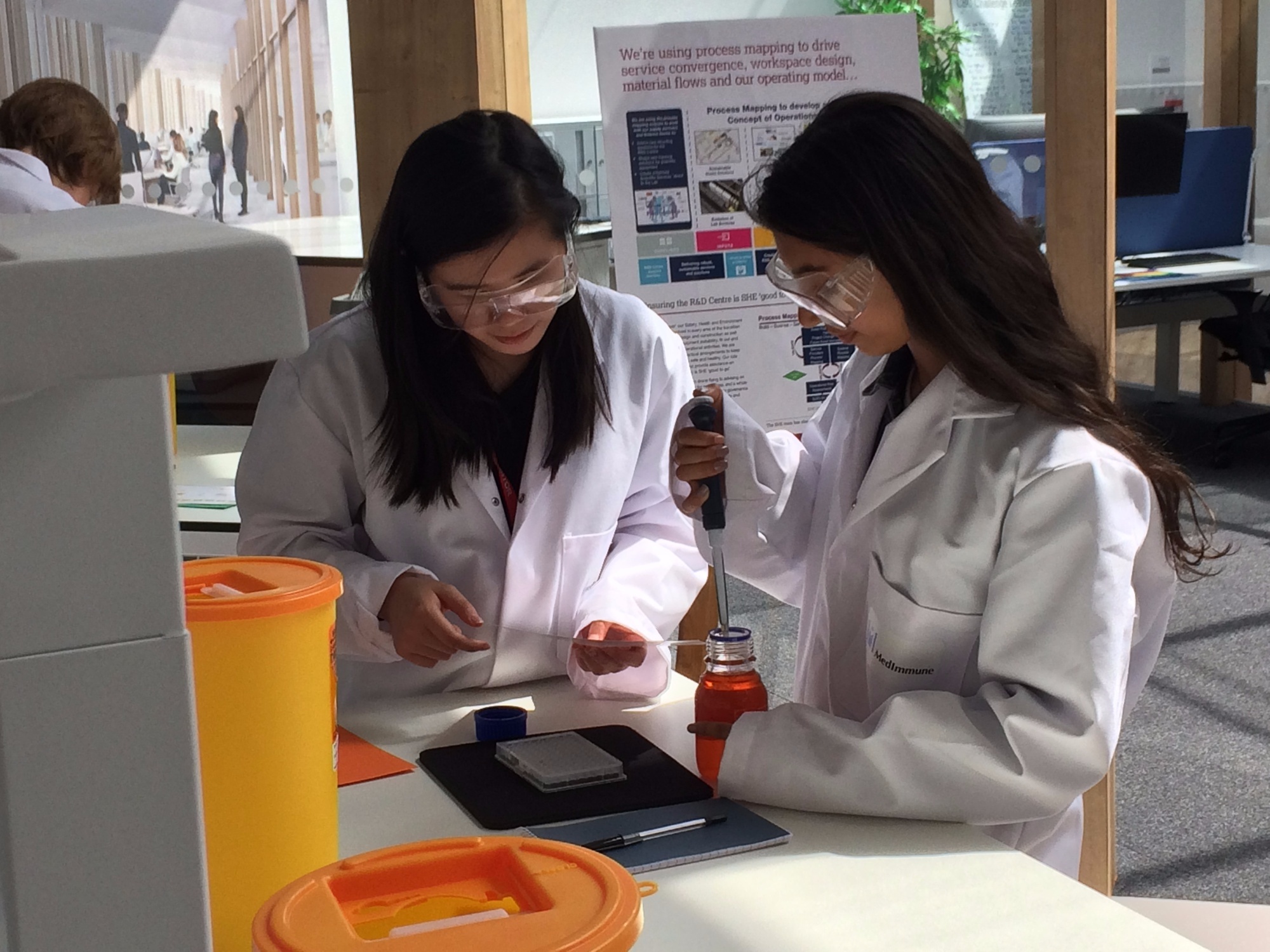 Two students in science class doing an experiment